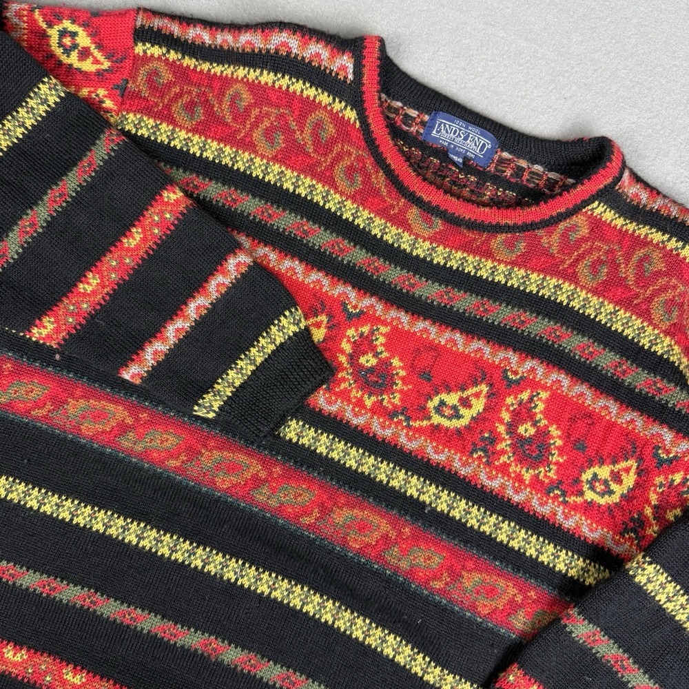 Vintage Lands End Knit Wool Sweater Womens Small Red Paisley Striped 80s 90s